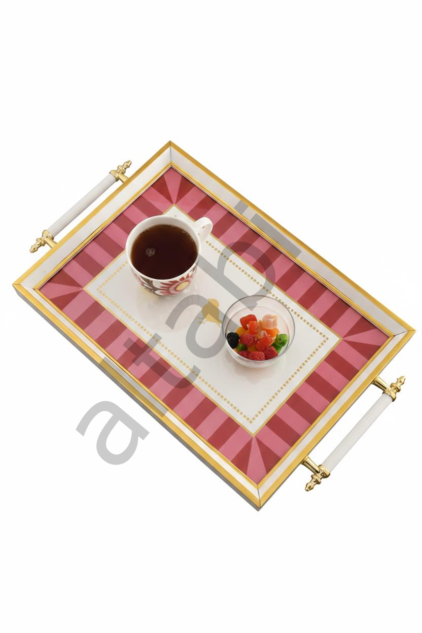 Dijital Baskılı Cam Servis Tepsisi – Pembe Desenli, Metal Kulplu 46x28 cm