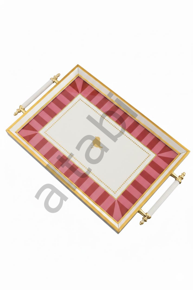 Dijital Baskılı Cam Servis Tepsisi – Pembe Desenli, Metal Kulplu 46x28 cm