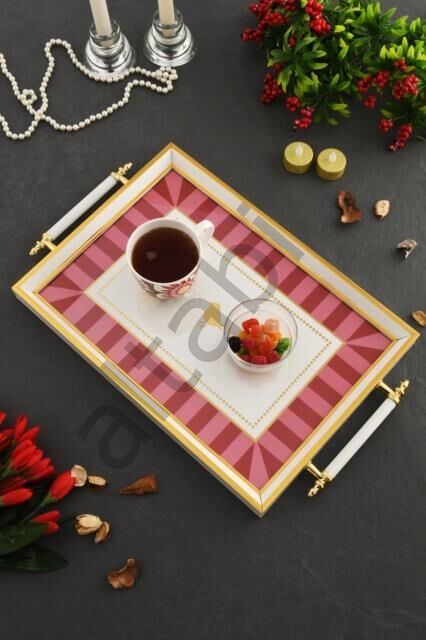 Dijital Baskılı Cam Servis Tepsisi – Pembe Desenli, Metal Kulplu 46x28 cm