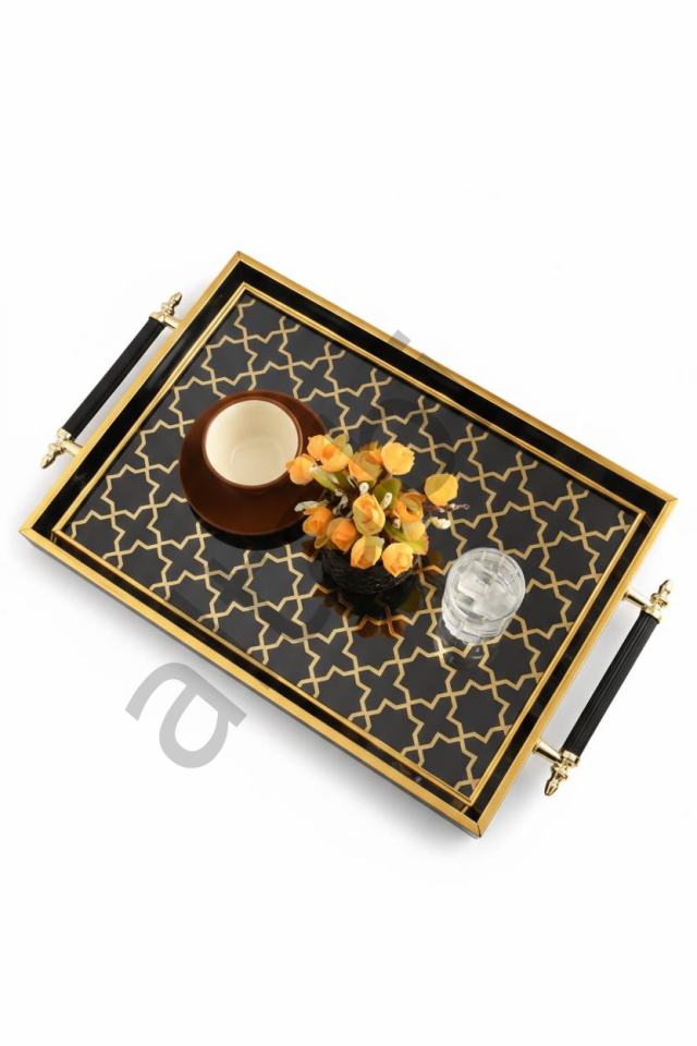 Dijital Baskılı Cam Servis Tepsisi – Selçuklu Desenli, Metal Kulplu 46x28 cm