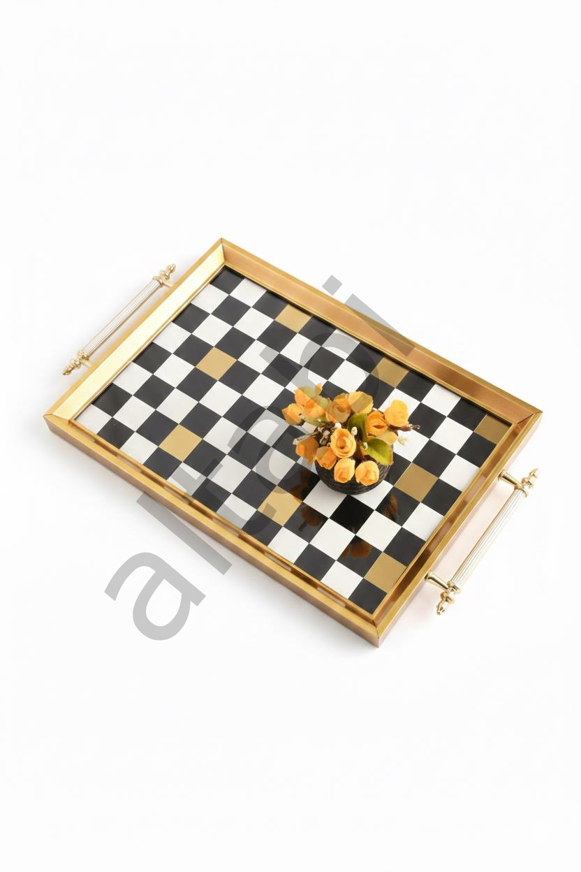 Dijital Baskılı Cam Servis Tepsisi – Dama Motifli, Metal Kulplu 46x28 cm