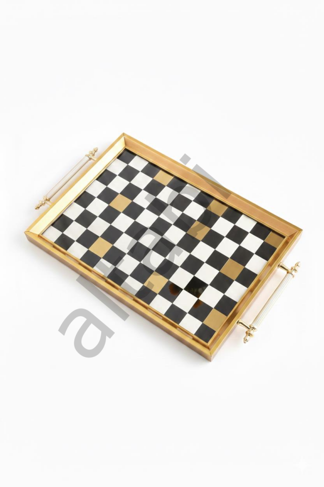 Dijital Baskılı Cam Servis Tepsisi – Dama Motifli, Metal Kulplu 46x28 cm