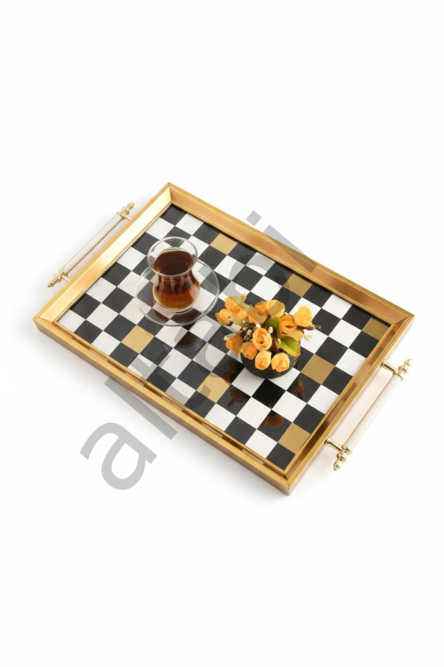 Dijital Baskılı Cam Servis Tepsisi – Dama Motifli, Metal Kulplu 46x28 cm