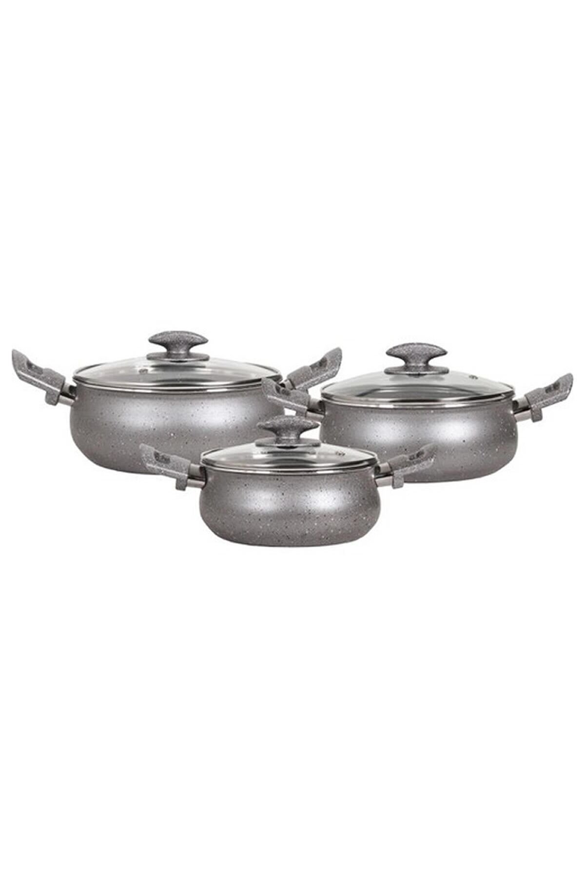 Mehtap Granit Güveç Set 3lü Granit Mini Tencere Takımı Cam Kapaklı