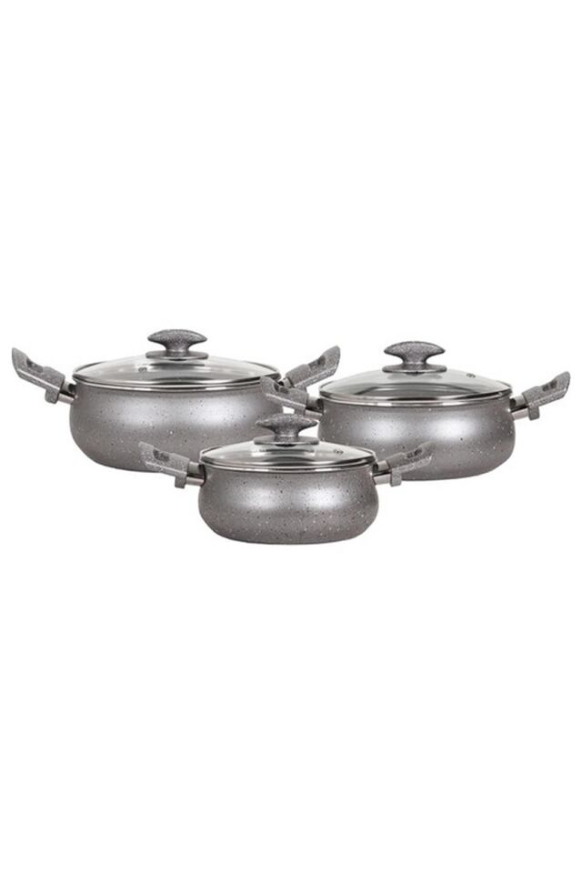 Mehtap Granit Güveç Set 3lü Granit Mini Tencere Takımı Cam Kapaklı