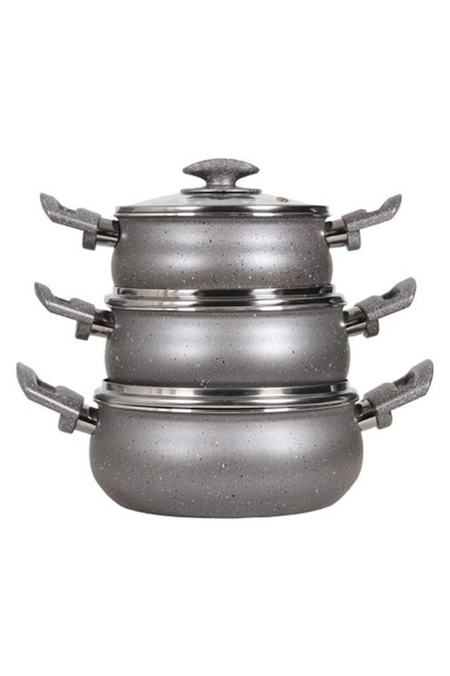 Mehtap Granit Güveç Set 3lü Granit Mini Tencere Takımı Cam Kapaklı
