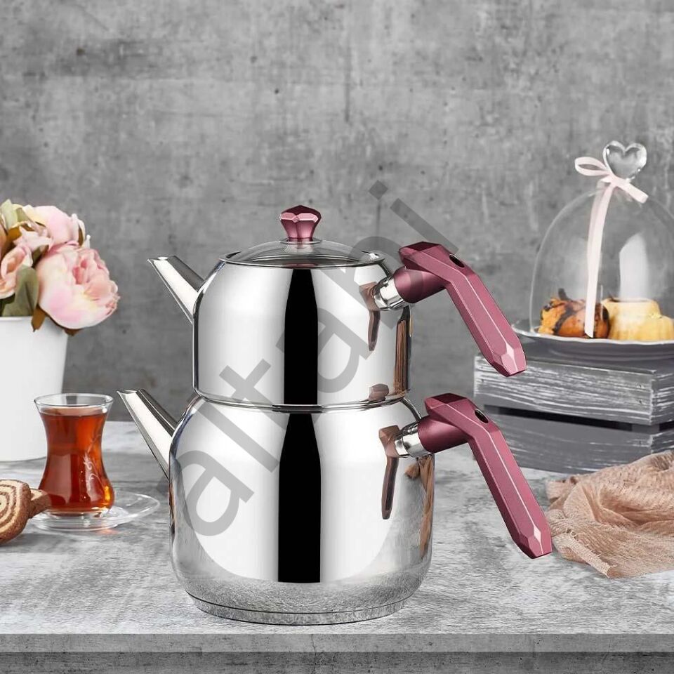 Opal Cam Kapaklı Çelik Çaydanlık Takımı – Bordo