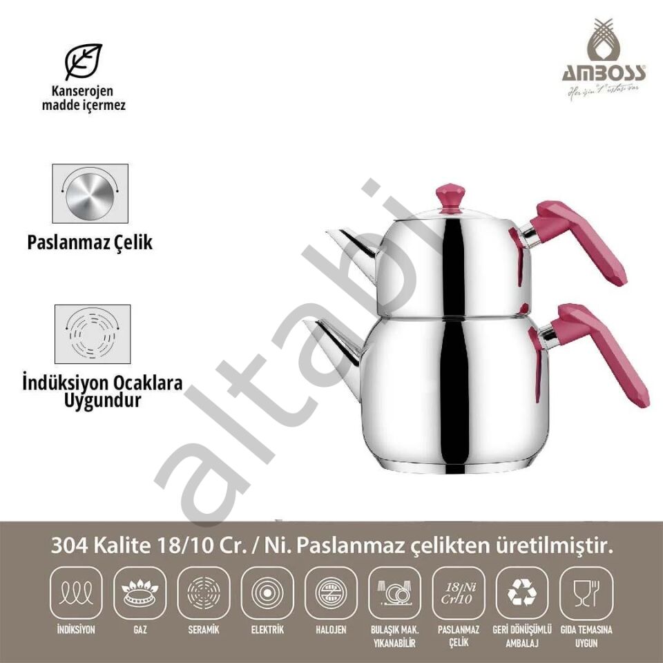 Opal Cam Kapaklı Çelik Çaydanlık Takımı – Bordo