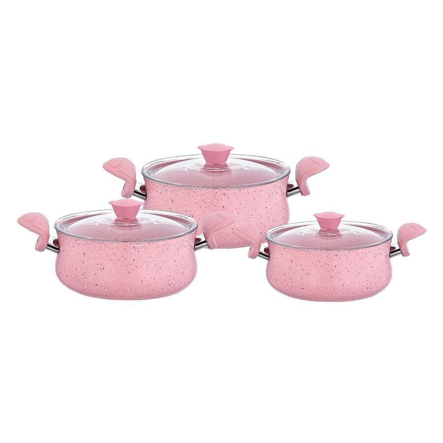 Oms Granit Güveç Set 3lü Granit Mini Tencere Takımı Cam Kapaklı