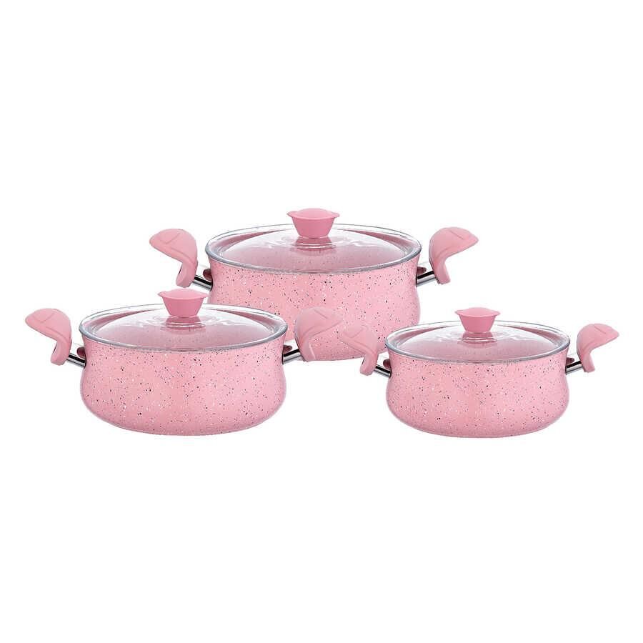 Oms Granit Güveç Set 3lü Granit Mini Tencere Takımı Cam Kapaklı