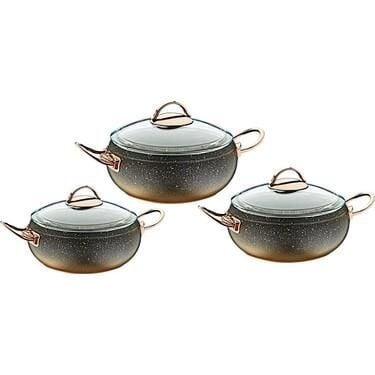 Oms Granit Güveç Set 3lü Granit Mini Tencere Takımı Cam Kapaklı Bakır Renk