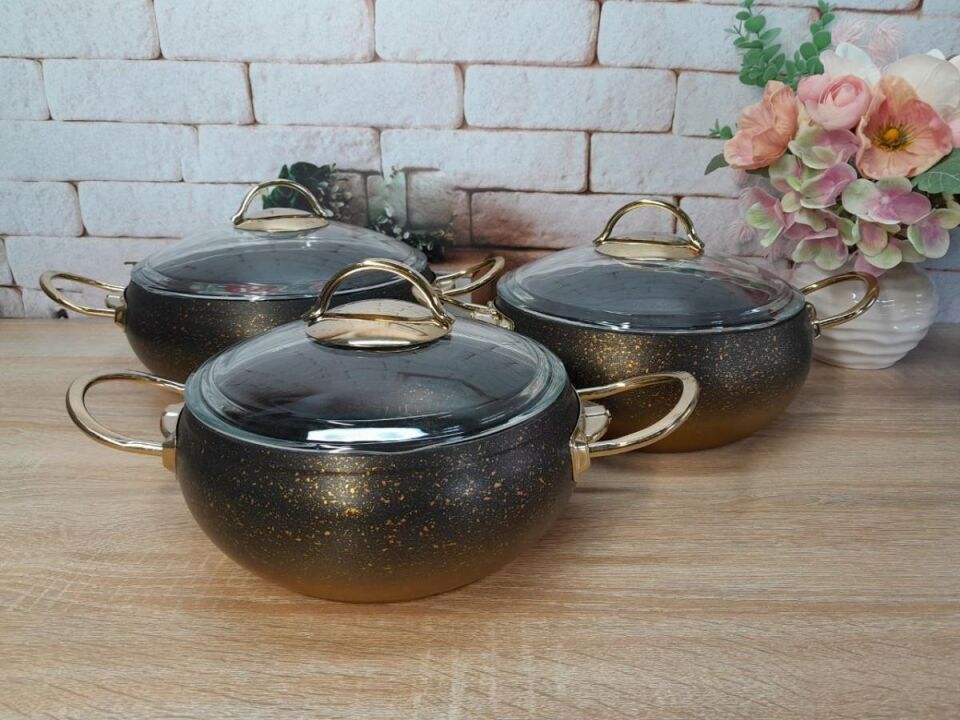 Oms Granit Güveç Set 3lü Granit Mini Tencere Takımı Cam Kapaklı Bakır Renk