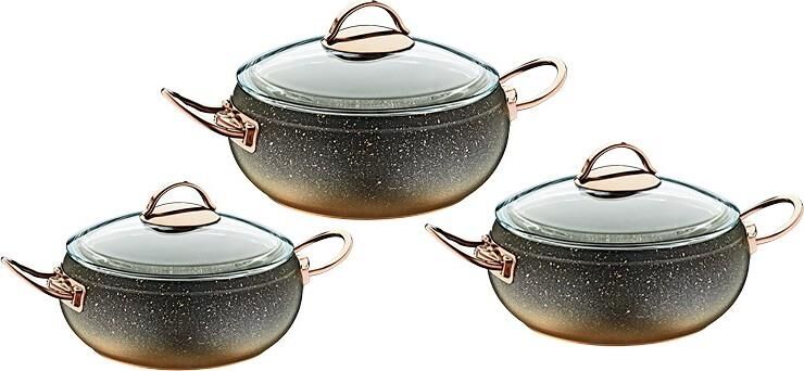 Oms Granit Güveç Set 3lü Granit Mini Tencere Takımı Cam Kapaklı Bakır Renk