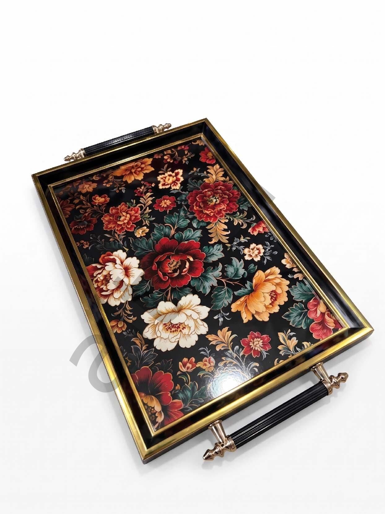 Dijital Baskılı Cam Servis Tepsisi – Efsun Motifli, Metal Kulplu 46x28 cm
