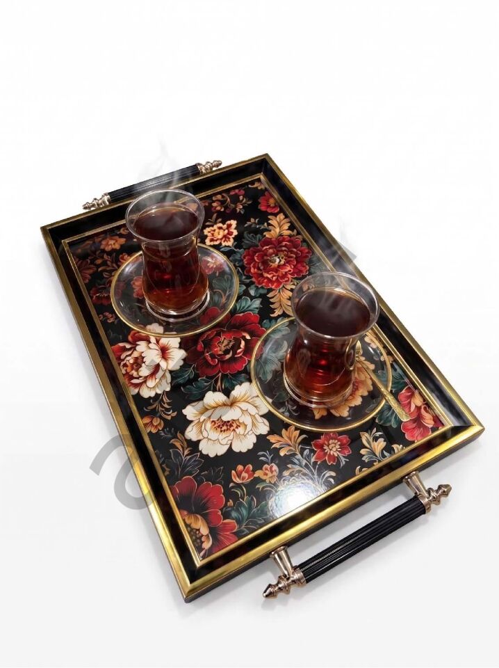 Dijital Baskılı Cam Servis Tepsisi – Efsun Motifli, Metal Kulplu 46x28 cm