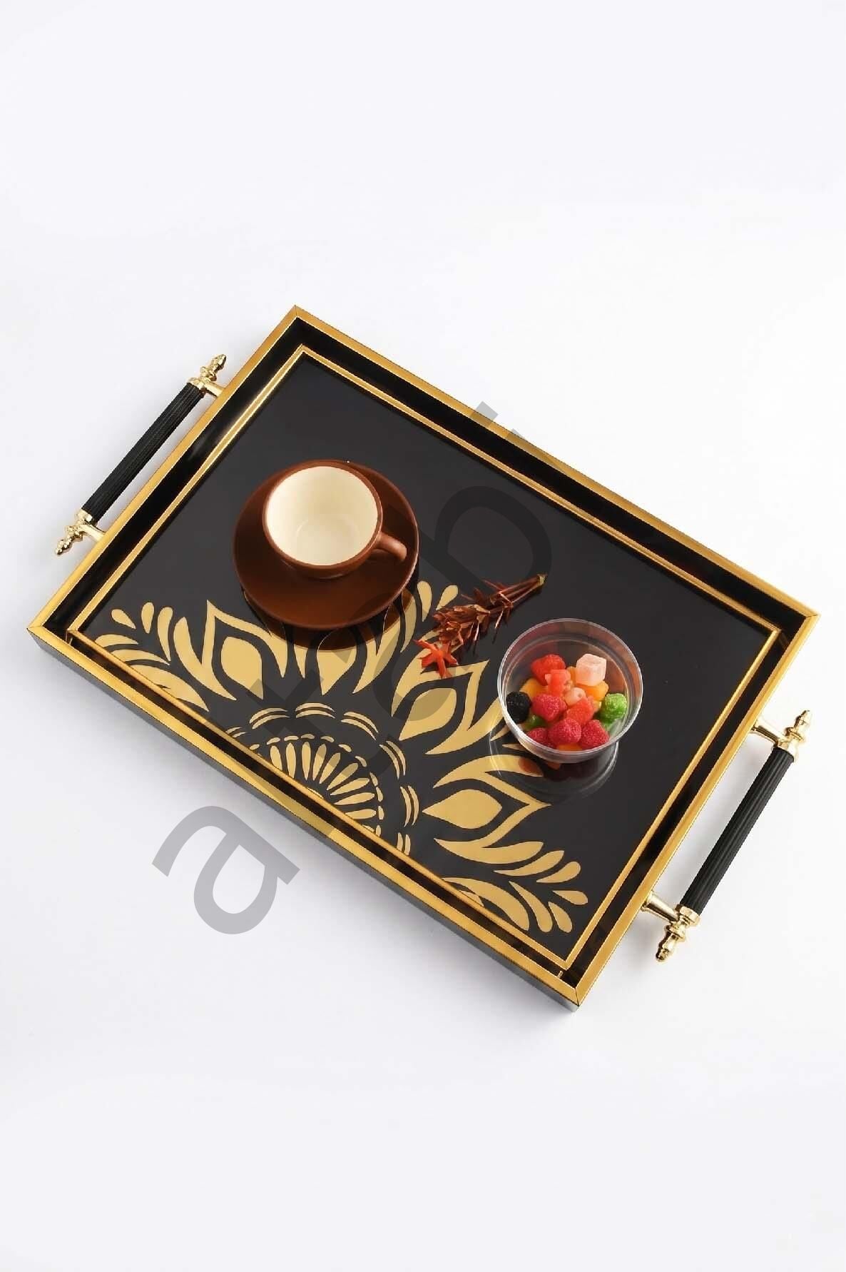 Dijital Baskılı Cam Servis Tepsisi – Güneş Motifli, Metal Kulplu 46x28 cm