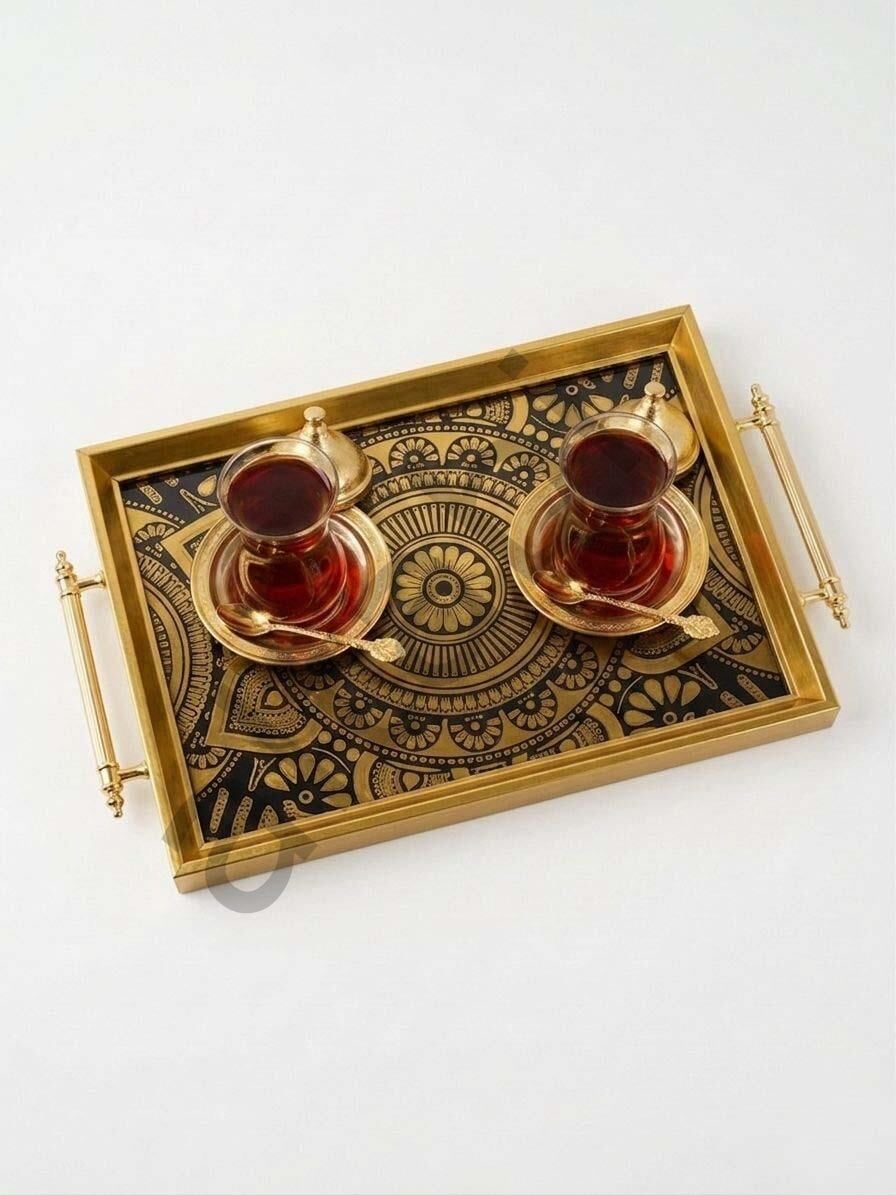 Dijital Baskılı Cam Servis Tepsisi – İhtişam Motifli, Metal Kulplu 46x28 cm