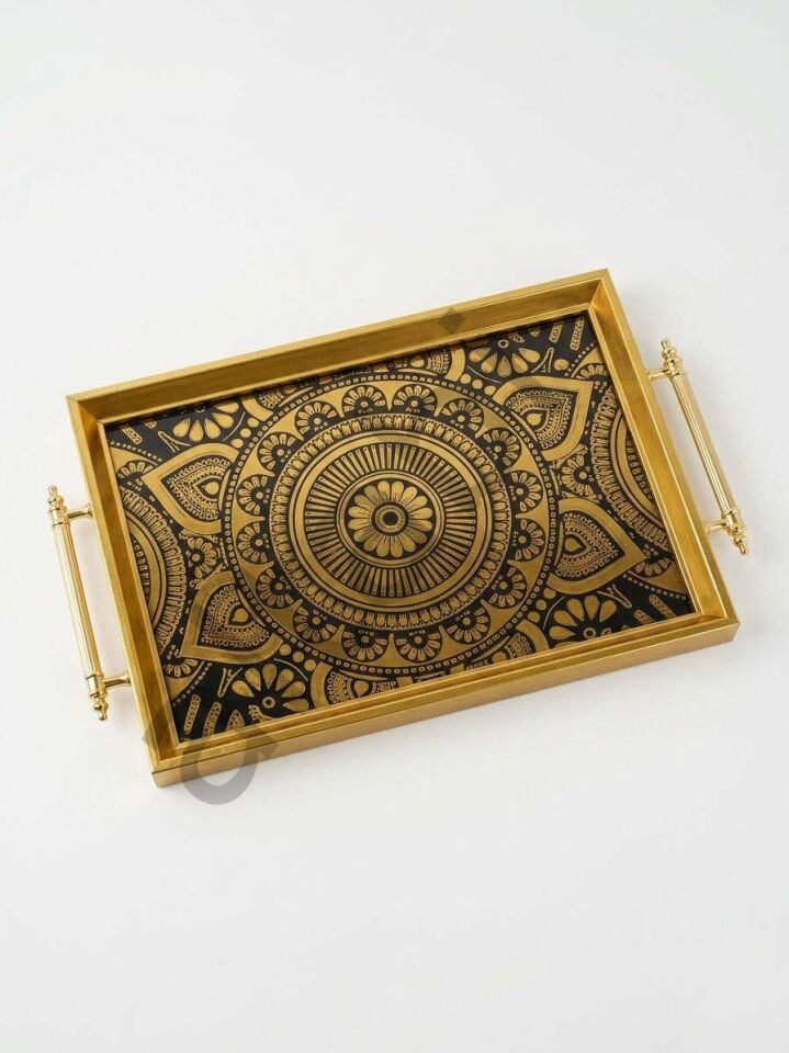 Dijital Baskılı Cam Servis Tepsisi – İhtişam Motifli, Metal Kulplu 46x28 cm