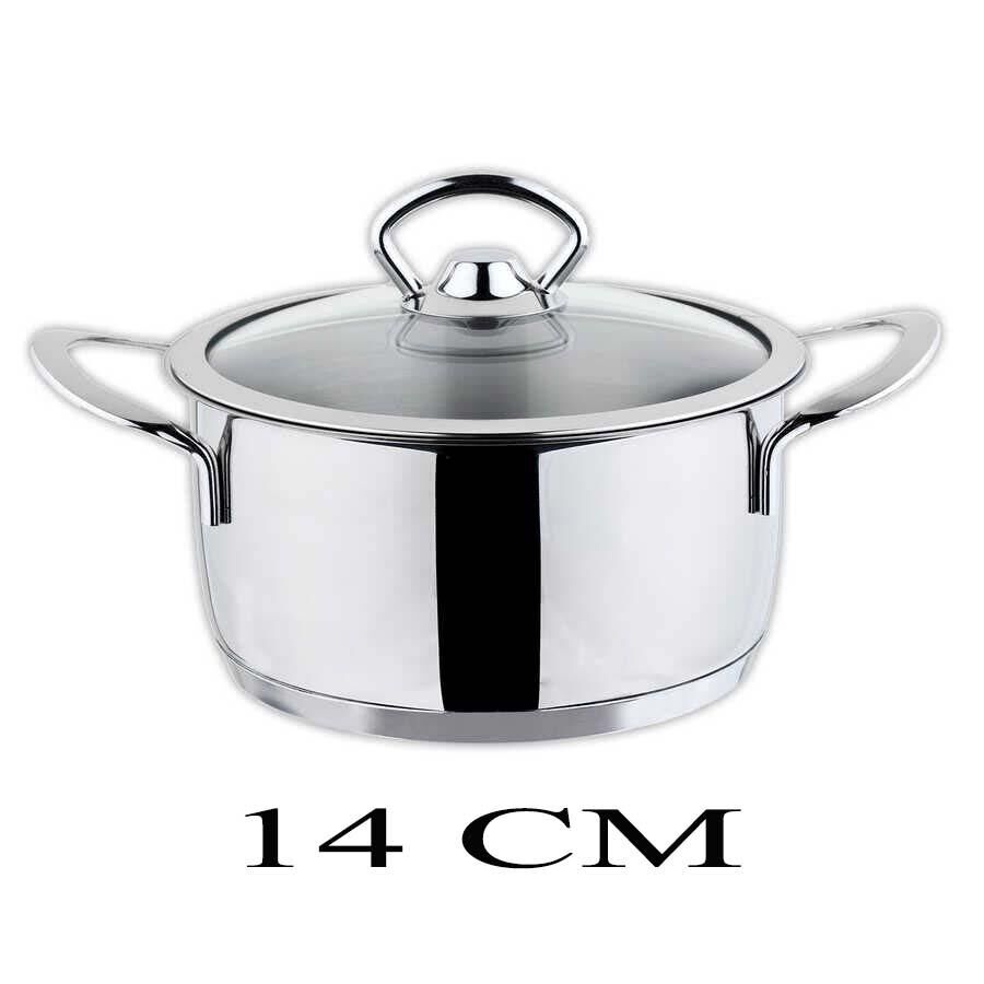 Oms Cam Kapaklı Mini Çelik Tencere 14 CM