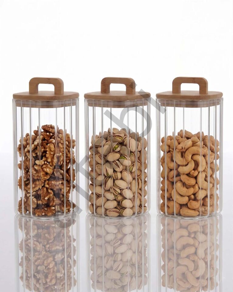 Bambu Kapaklı Borosilikat Cam Kavanoz Takımı - 3 Parça (1100 ml)