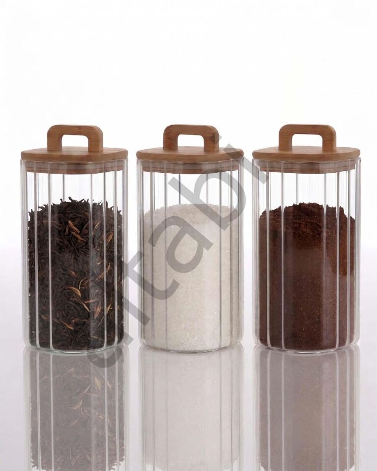 Bambu Kapaklı Borosilikat Cam Kavanoz Takımı - 3 Parça (1100 ml)