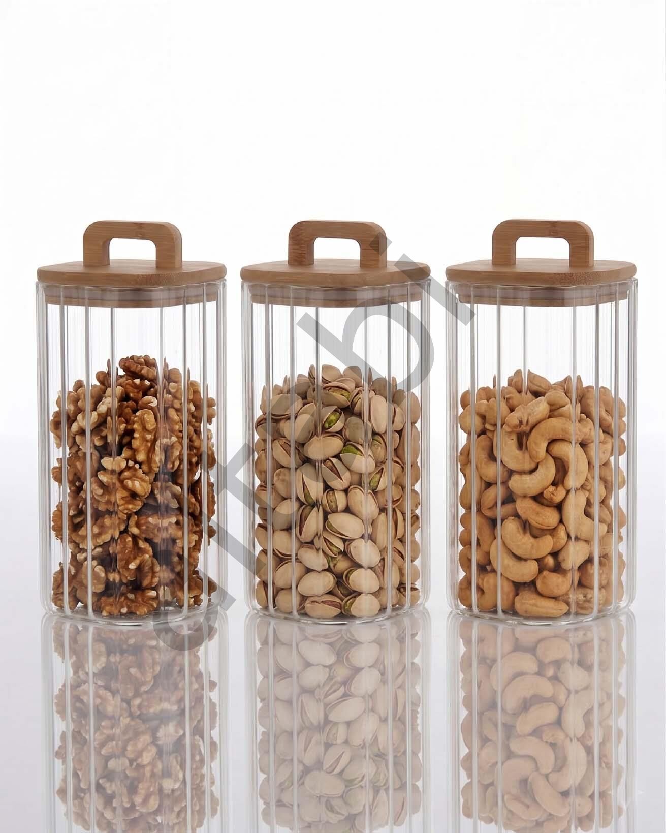 Bambu Kapaklı Borosilikat Cam Kavanoz Takımı - 3 Parça (1850 ml)