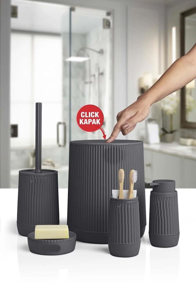 Banyo Seti Plastik Antrasit Renk 5 Parça Akıllı Çöp Kovası