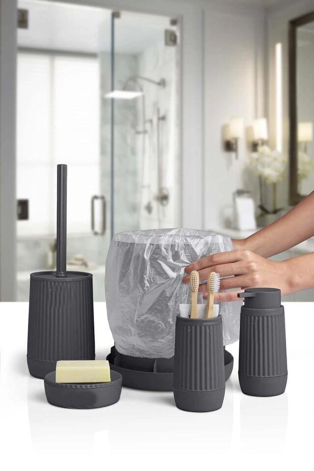 Banyo Seti Plastik Antrasit Renk 5 Parça Akıllı Çöp Kovası