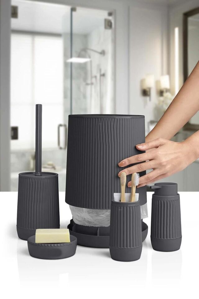 Banyo Seti Plastik Antrasit Renk 5 Parça Akıllı Çöp Kovası