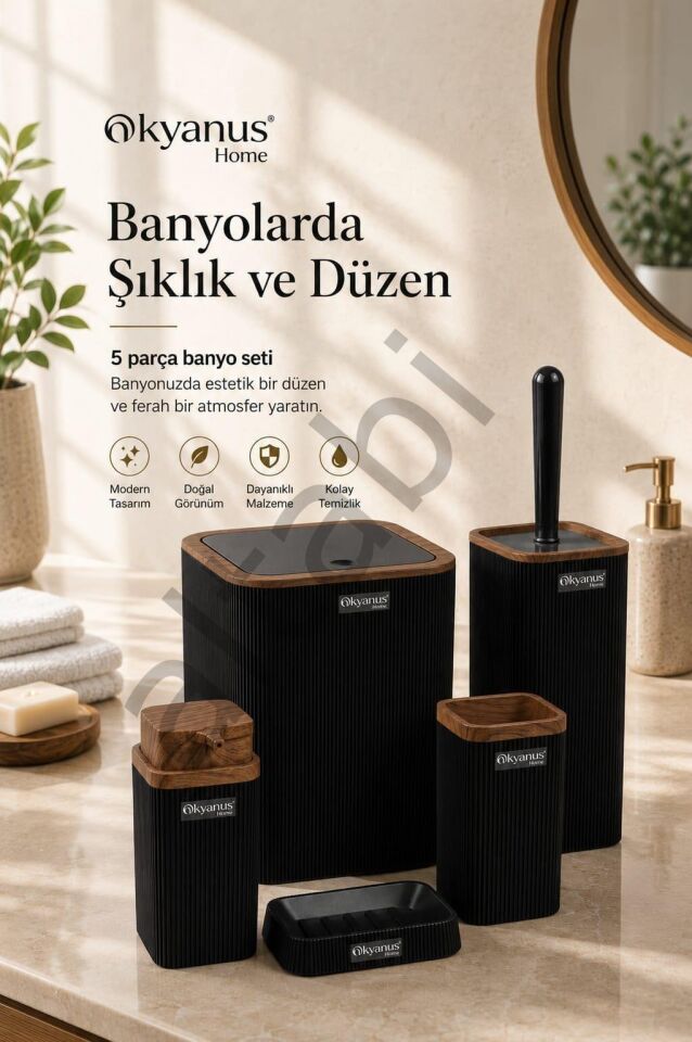 Stella Siyah Ahşap Desenli Çizgili Banyo Seti 5 Parça Plastik
