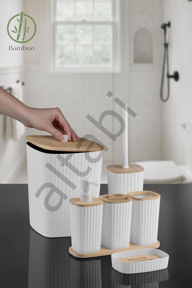 Safir Beyaz Bambulu Çizgili Banyo Seti 6 Parça Plastik