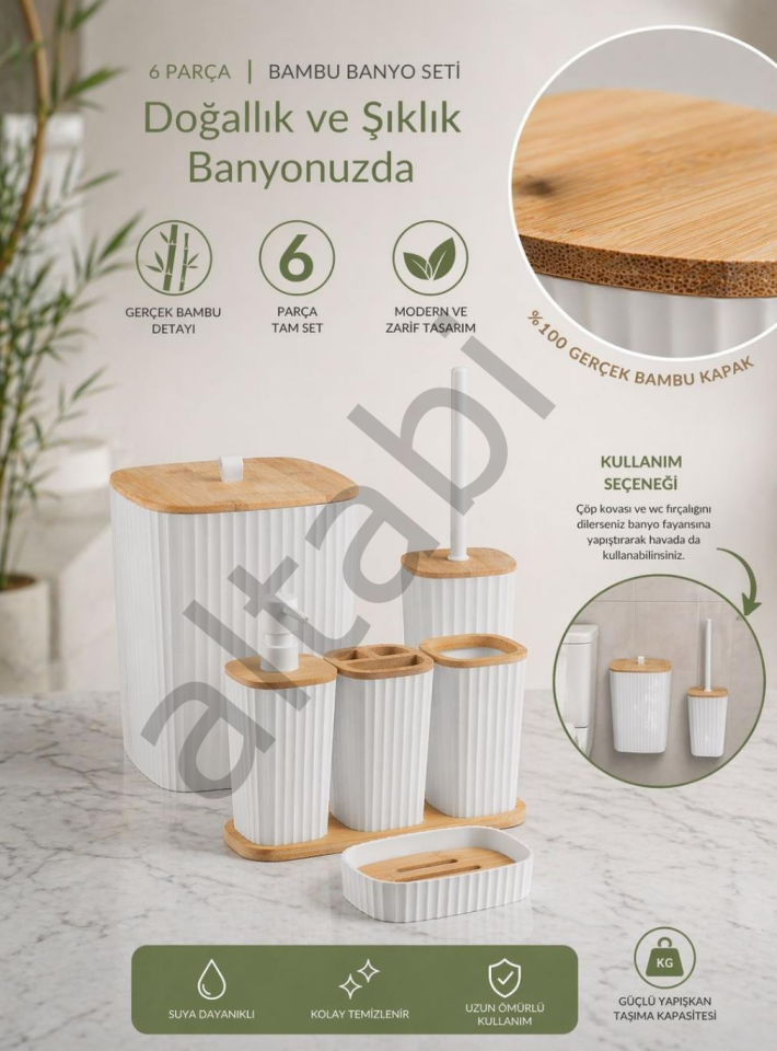 Safir Beyaz Bambulu Çizgili Banyo Seti 6 Parça Plastik