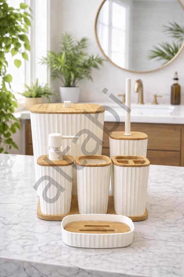 Safir Beyaz Bambulu Çizgili Banyo Seti 6 Parça Plastik