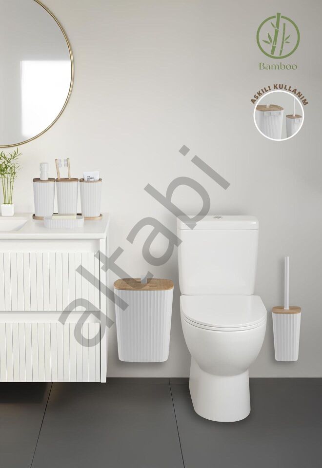 Safir Beyaz Bambulu Çizgili Banyo Seti 6 Parça Plastik