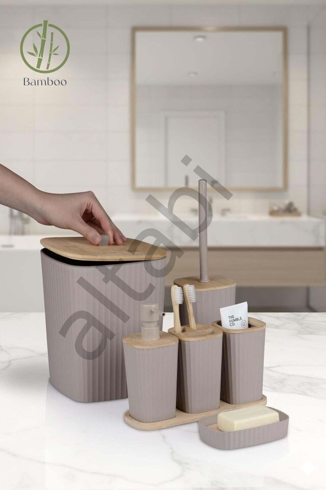 Safir Vizon Bambulu Çizgili Banyo Seti 6 Parça Plastik