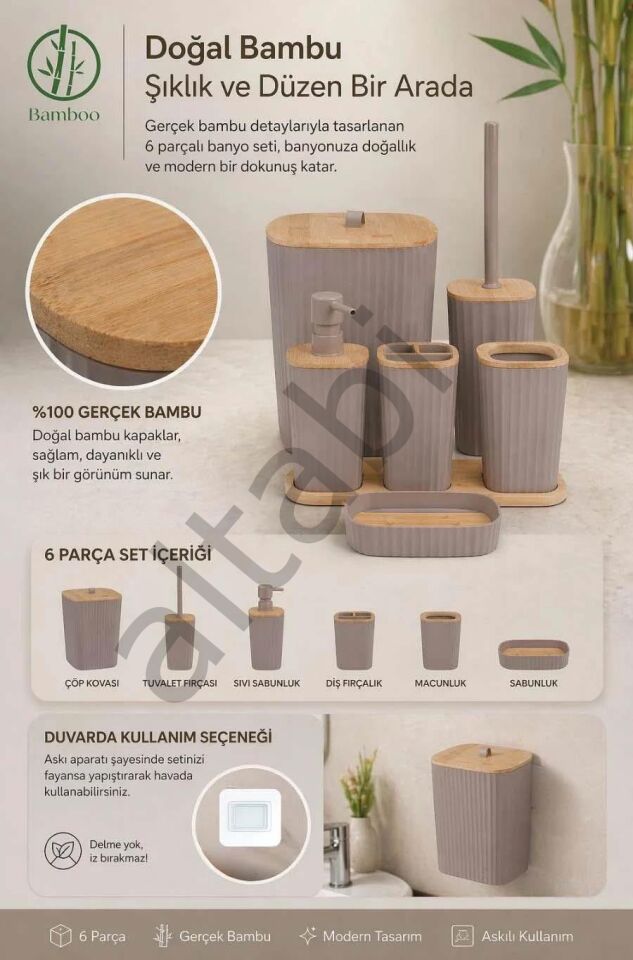 Safir Vizon Bambulu Çizgili Banyo Seti 6 Parça Plastik
