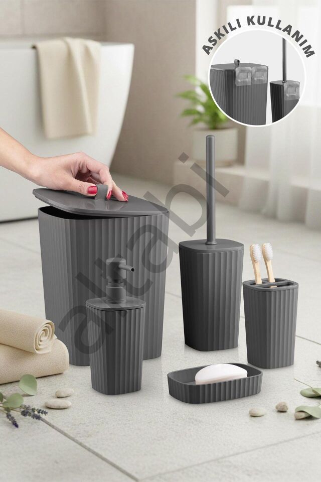 Safir Antrasit Çizgili Banyo Seti 5 Parça Plastik