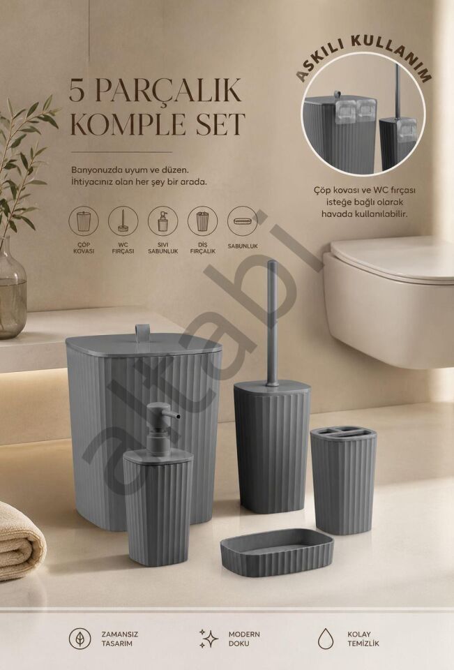Safir Antrasit Çizgili Banyo Seti 5 Parça Plastik