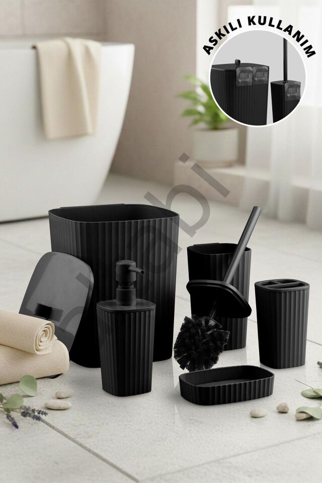 Safir Siyah Çizgili Banyo Seti 5 Parça Plastik