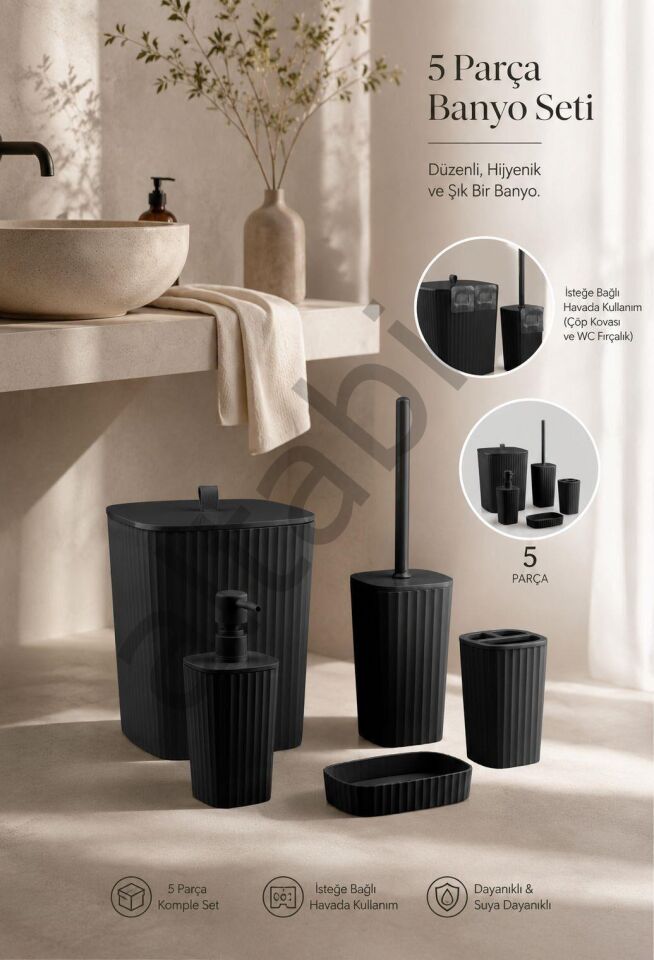Safir Siyah Çizgili Banyo Seti 5 Parça Plastik