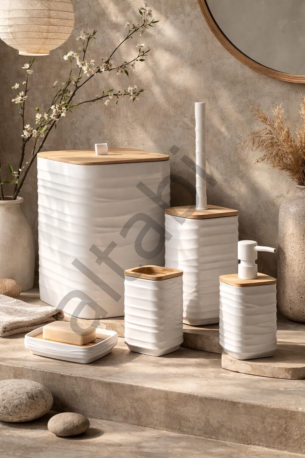 Luna Beyaz Bambulu Banyo Seti 5 Parça Plastik