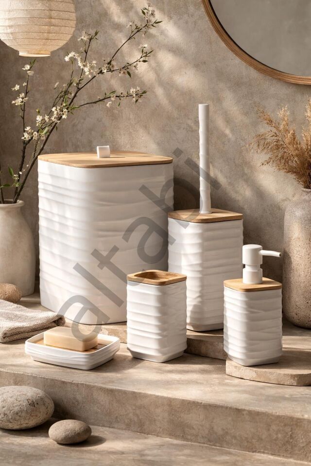 Luna Beyaz Bambulu Banyo Seti 5 Parça Plastik