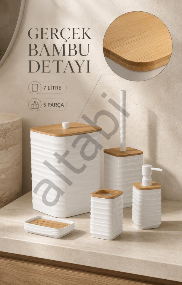 Luna Beyaz Bambulu Banyo Seti 5 Parça Plastik