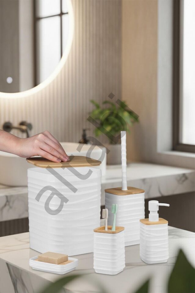 Luna Beyaz Bambulu Banyo Seti 5 Parça Plastik