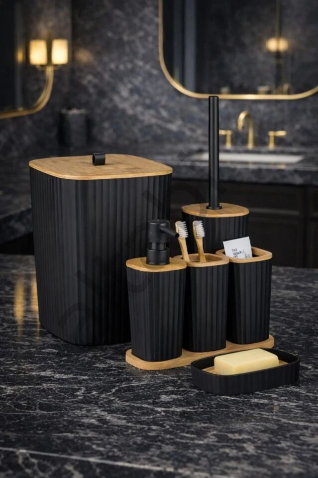 Safir Siyah Bambulu Çizgili Banyo Seti 6 Parça Plastik