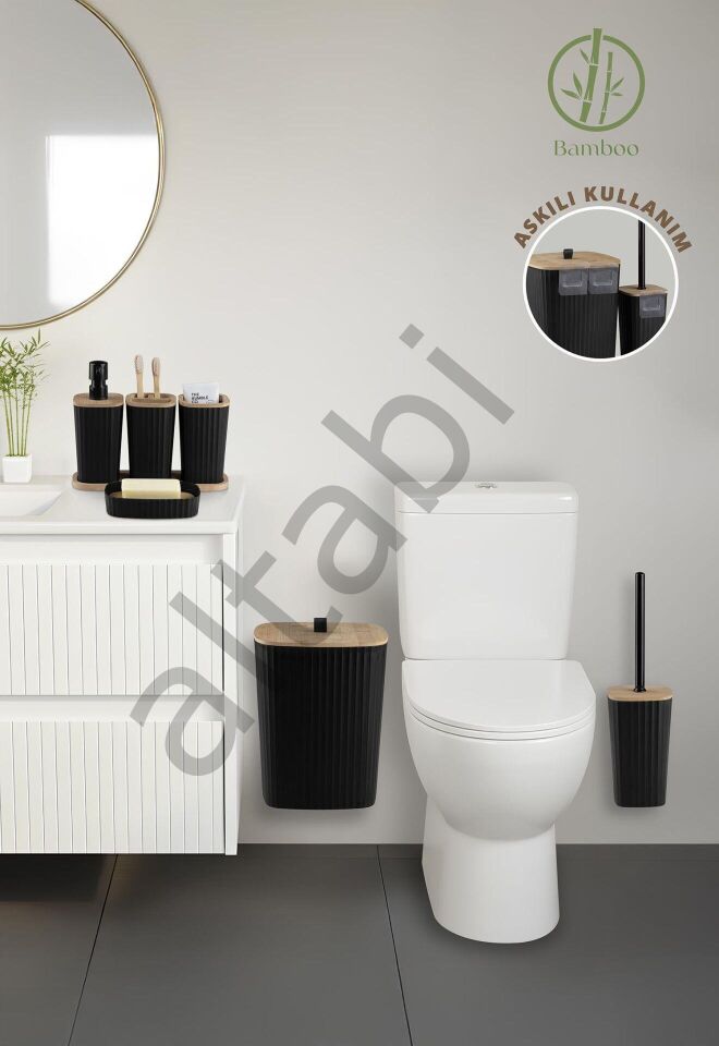 Safir Siyah Bambulu Çizgili Banyo Seti 6 Parça Plastik