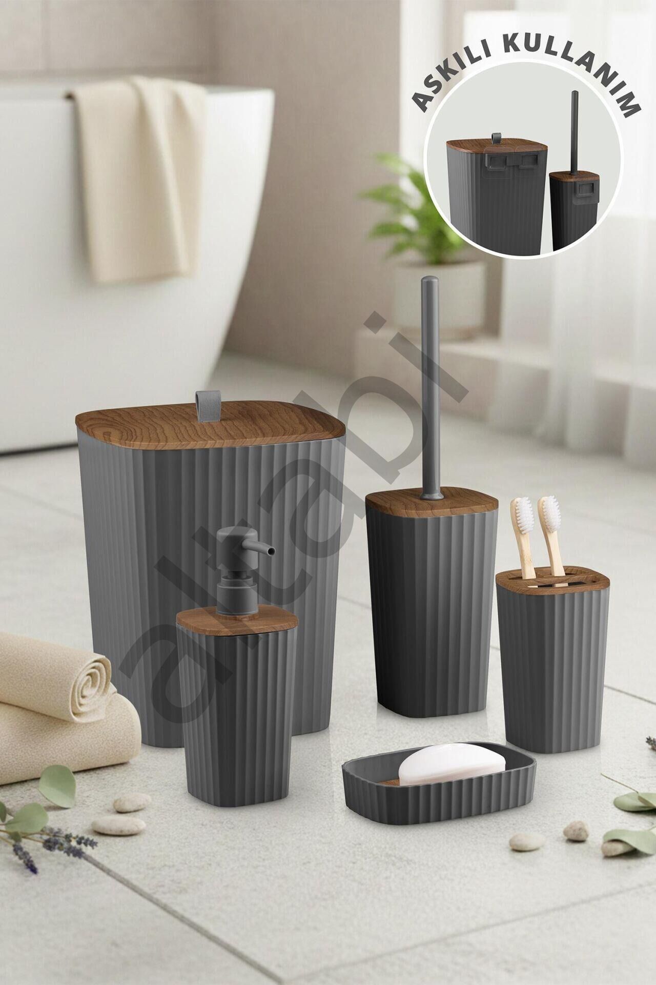 Safir Antrasit Ahşap Desenli Çizgili Banyo Seti 5 Parça Plastik