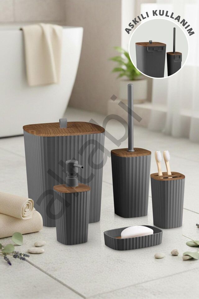 Safir Antrasit Ahşap Desenli Çizgili Banyo Seti 5 Parça Plastik