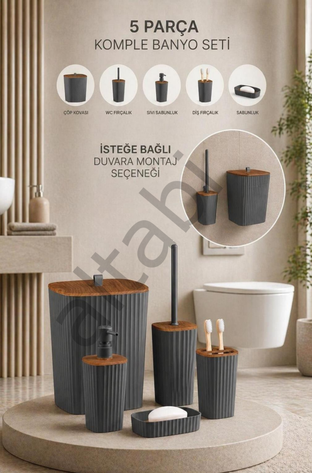 Safir Antrasit Ahşap Desenli Çizgili Banyo Seti 5 Parça Plastik