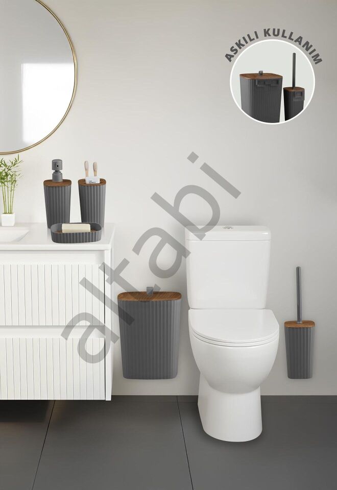 Safir Antrasit Ahşap Desenli Çizgili Banyo Seti 5 Parça Plastik
